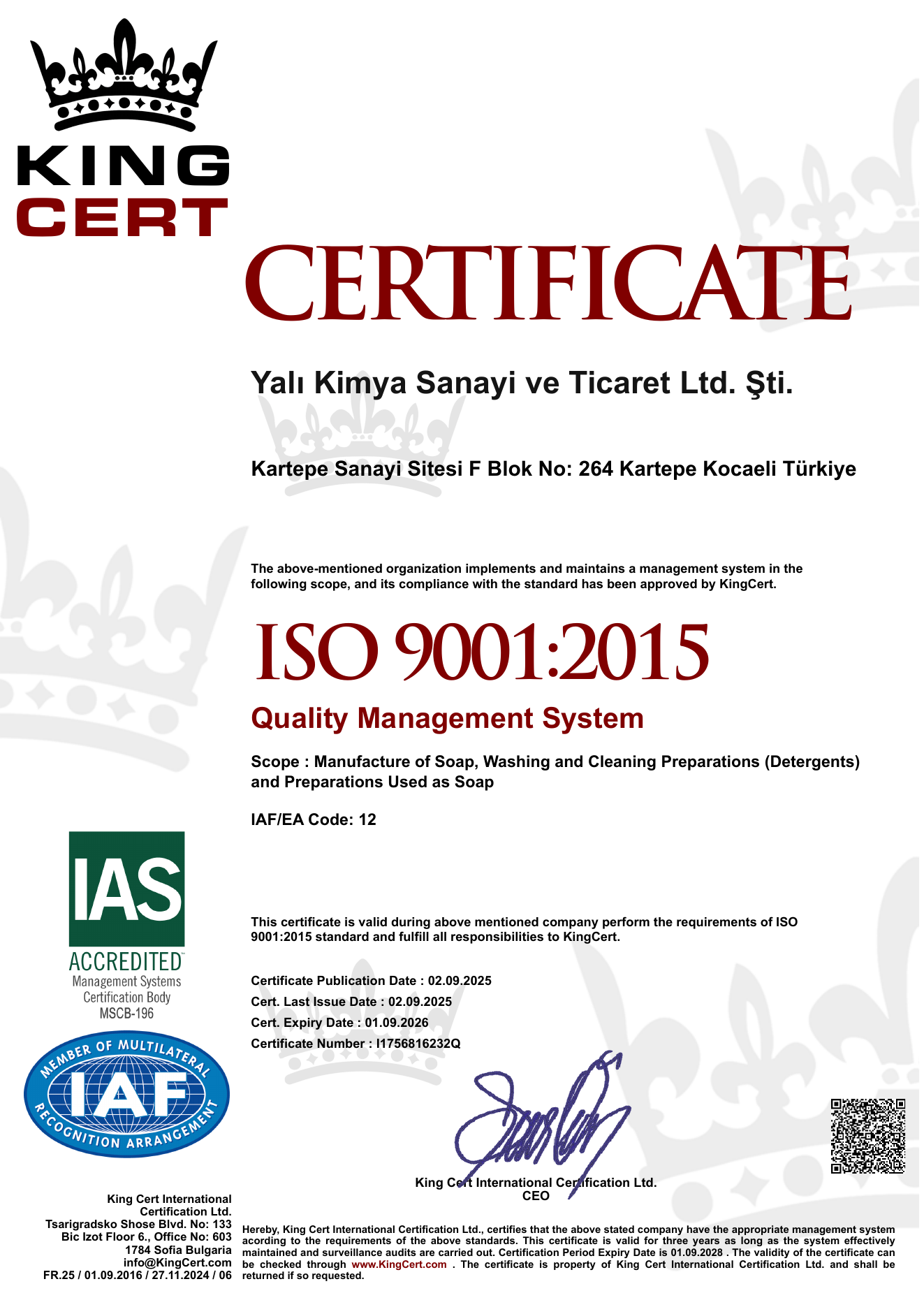 Yalı Kimya ISO 9001:2015 kalite belgesi
